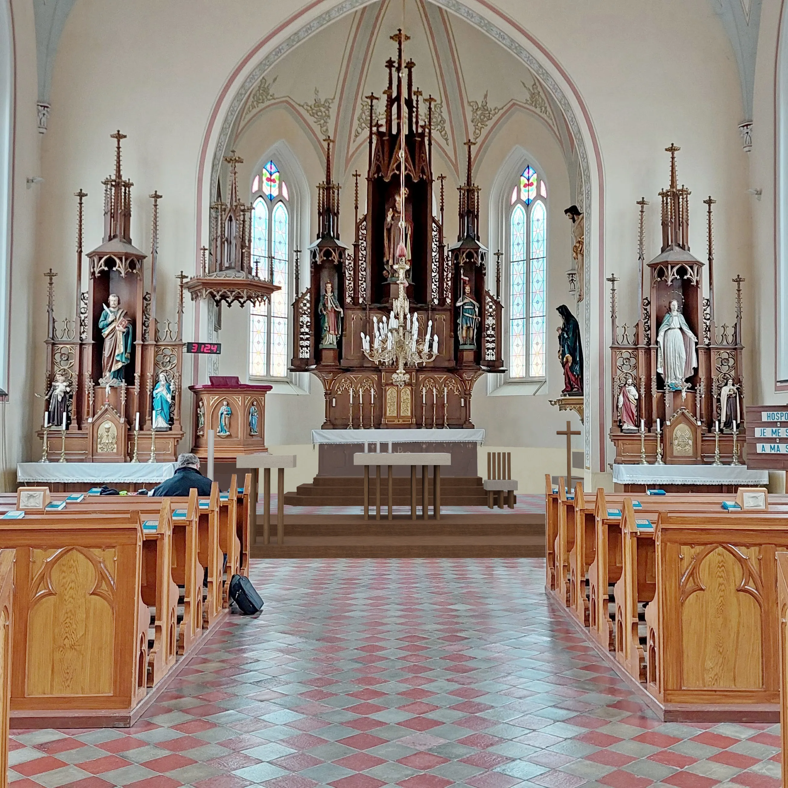 návrh oltáře, obětního stolu, ambonu, sedes architekt Martin Vymetálek